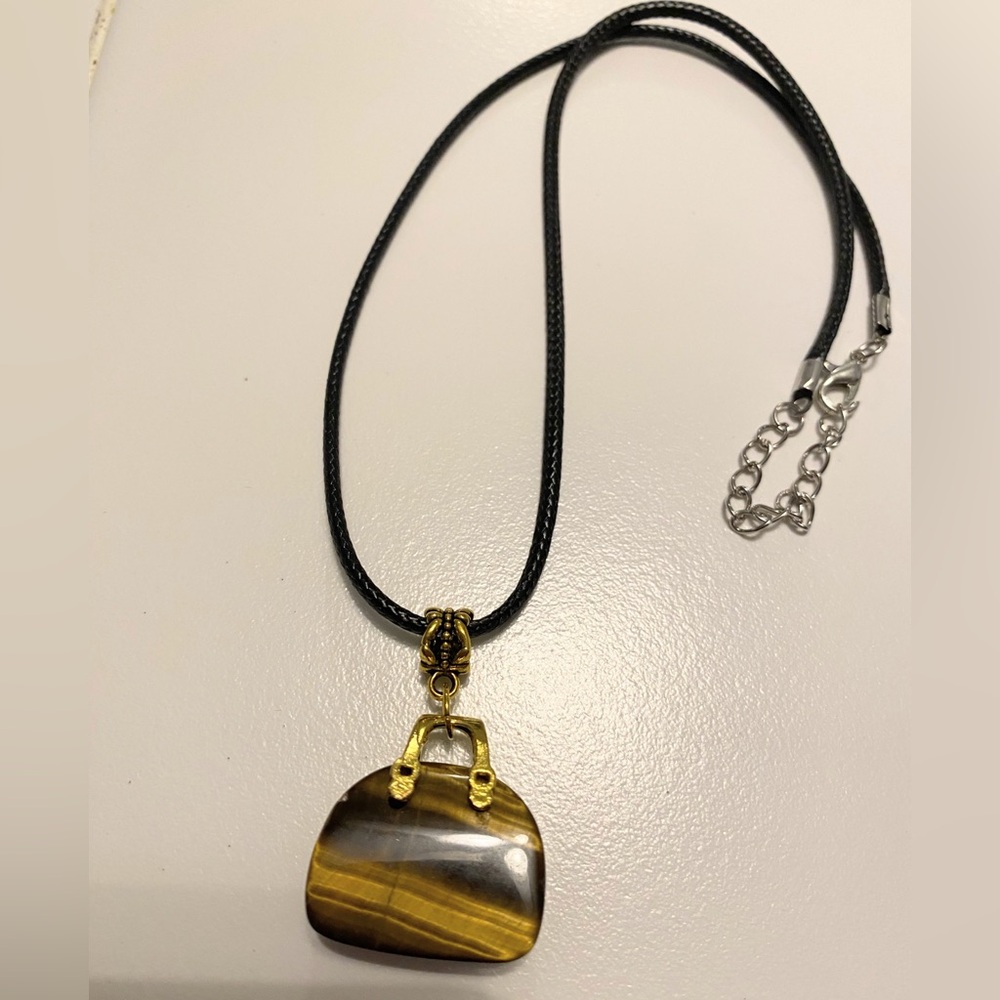 Black Cord Necklace with Gold-Tone Tiger Eye Purse Pendant